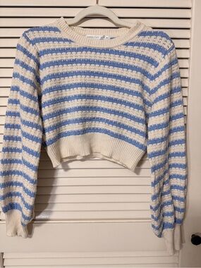Altar'd State Blue & Cream Striped Cropped Crewneck Sweater